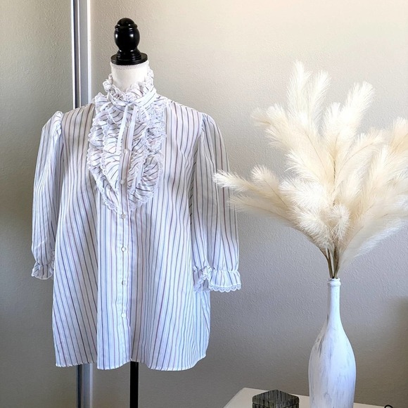 Mere Jolie Tops - SOLD‼️ MERE Jolie | Vintage 60s Ruffled Button Down Striped Blouse | Size: XXL